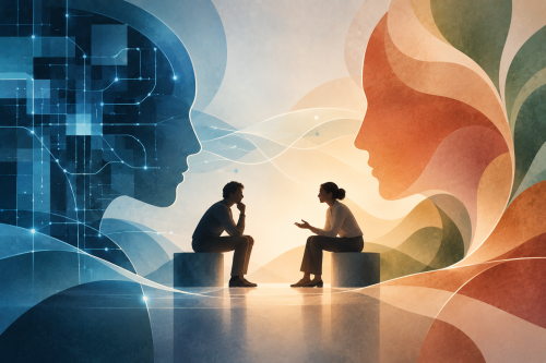 Twee mensen in gesprek, brug tussen techniek, AI en het menselijke